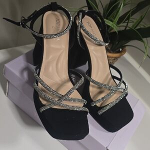 TOP Moda Black Rhinestone Strappy Block Heels